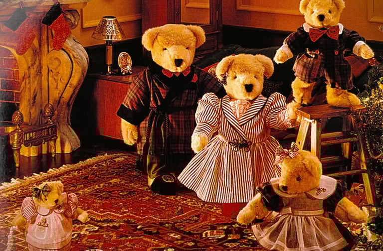 Muffy VanderBear Family teddy bears decorating Christmas tree dressed in TREE TRIMMING COLLECTION