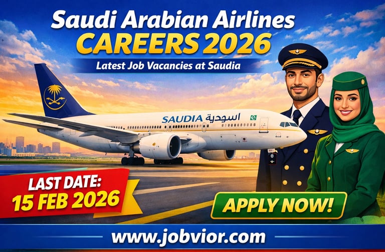 Saudi Arabian Airlines Careers 2026 banner showing latest Saudia job vacancies for cabin crew, pilot