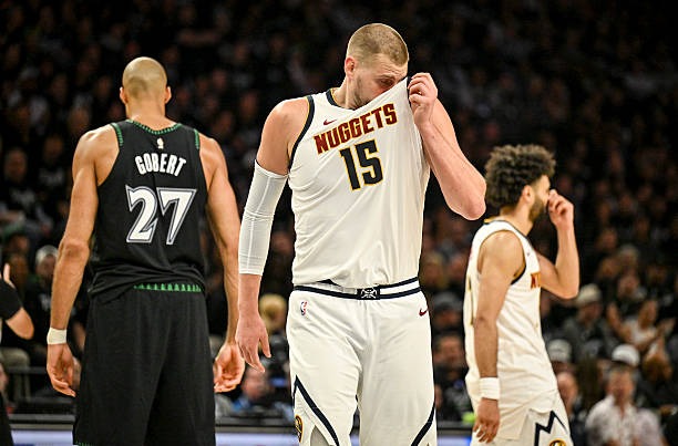 Rudy Gobert (left) Nikola Jokic (middle) and Jamal Murray (right) during game 3 of the 1st round of the 2026 nba playoffs