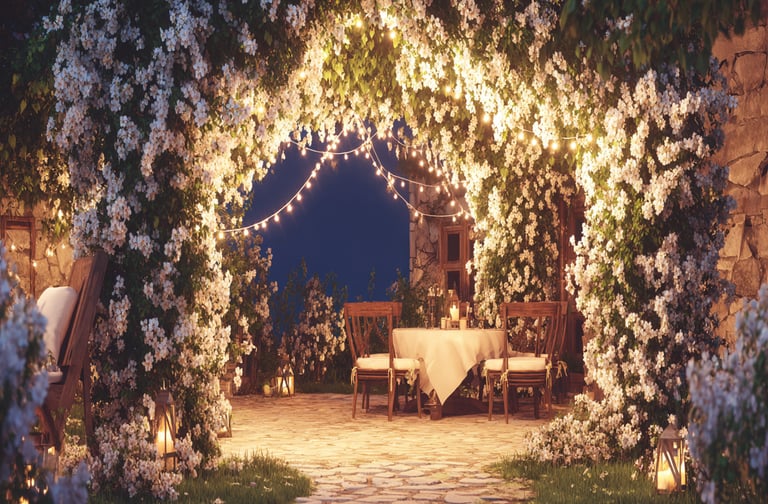 Romantic outdoor dining table under a floral archway with glowing fairy lights at night.