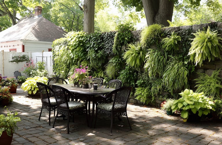 Backyard stone patio featuring a dining set and a vertical garden stone wall with lush ferns and ivy.