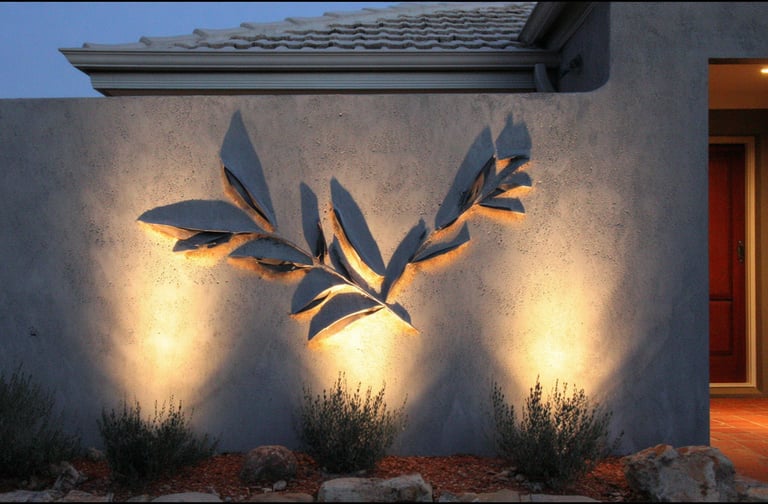 Illuminated leaf metal wall art decorates a modern home exterior with warm landscape lighting.