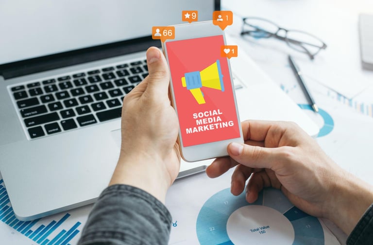 A person holding a smartphone displaying a social media marketing graphic next to a laptop and data charts.