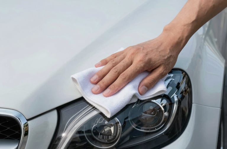 A friendly mobile detailer greeting a happy customer beside a shiny car in a sunny driveway.