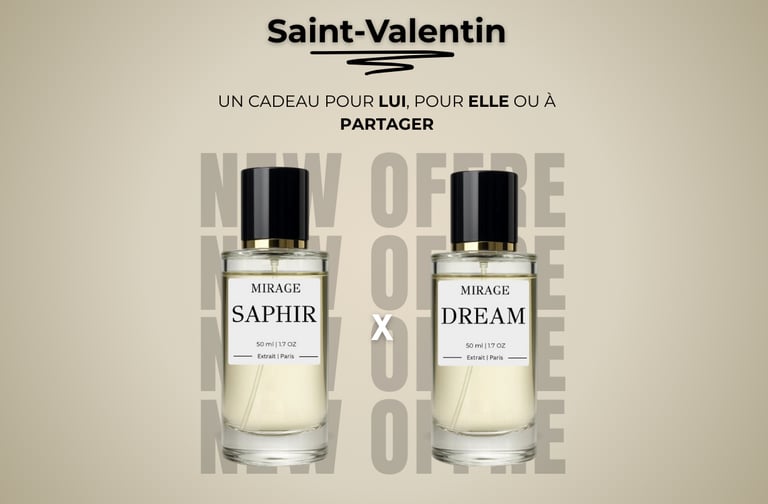 Flyer de la saint Valentin représentant le parfum saphir et dream l'un à côté de l'autre
