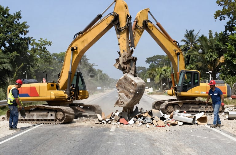 A busy construction site with yellow heavy machinery and industrial compressors in use.