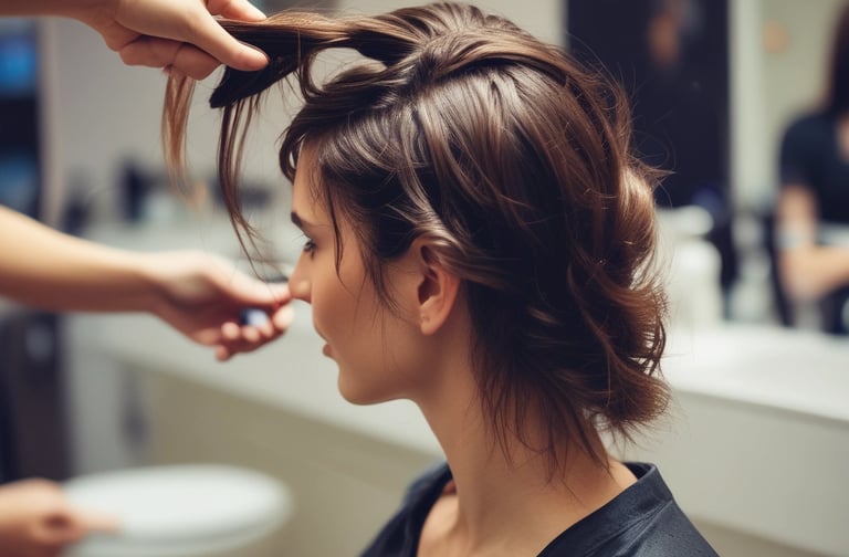 A person sits in a salon chair under a hair drying machine, with their hair wrapped in foil. The setting appears modern, with various hair products visible on a countertop. The lighting is soft and focused, enhancing the black-and-white aesthetic of the image.
