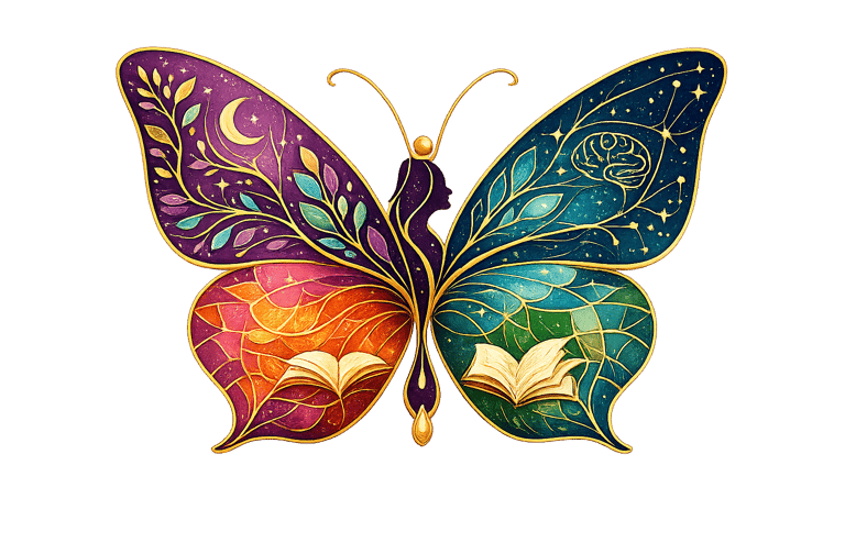 Uma obra de arte colorida em forma de borboleta, apresentando símbolos celestiais e livros abertos e