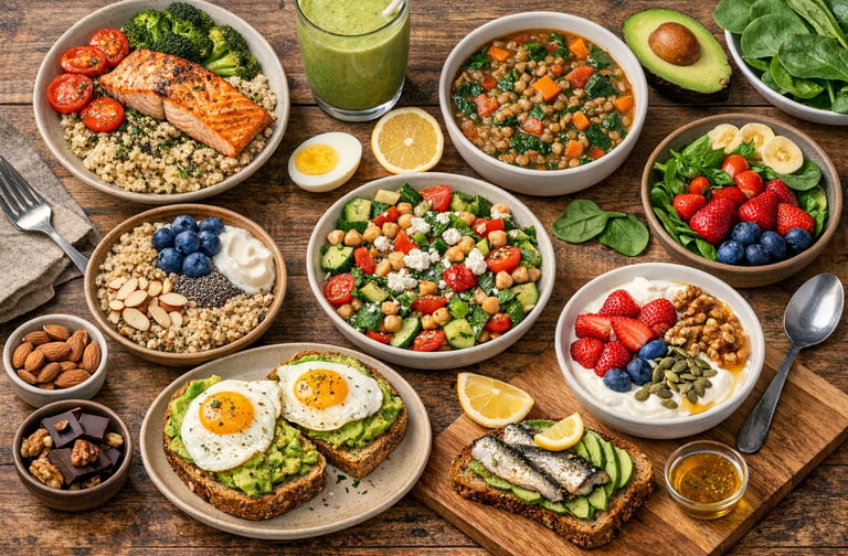 Healthy meals with eggs, salmon, avocado, oats and vegetables that support energy and vitality after age 45