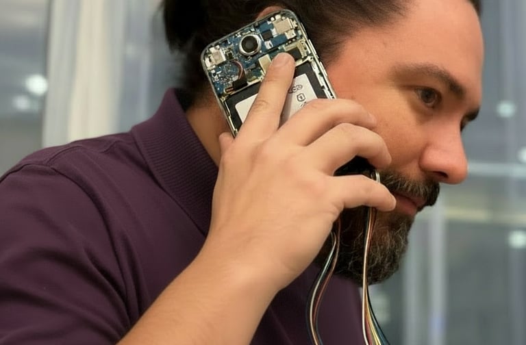 PnC engineer on the phone with a client, using a disassembled phone with a debugger hanging