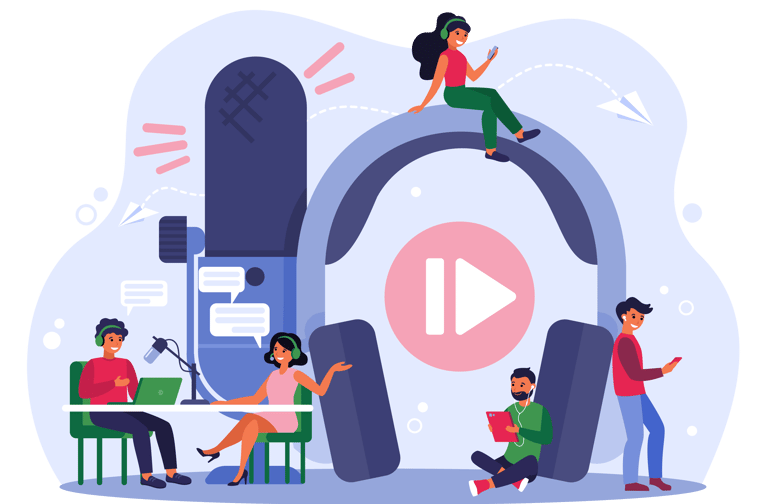 a group of people sitting around a table with headphones and radio set concept