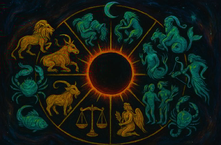 A wide celestial painting of the twelve zodiac signs encircling a dark solar eclipse, glowing with fiery corona and cosmic li