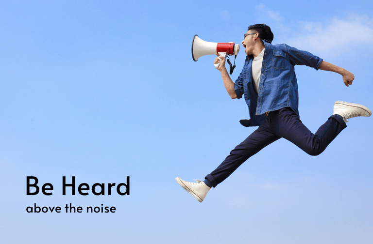 Man leaping through sky shouting out his audio commercial with a megaphone 