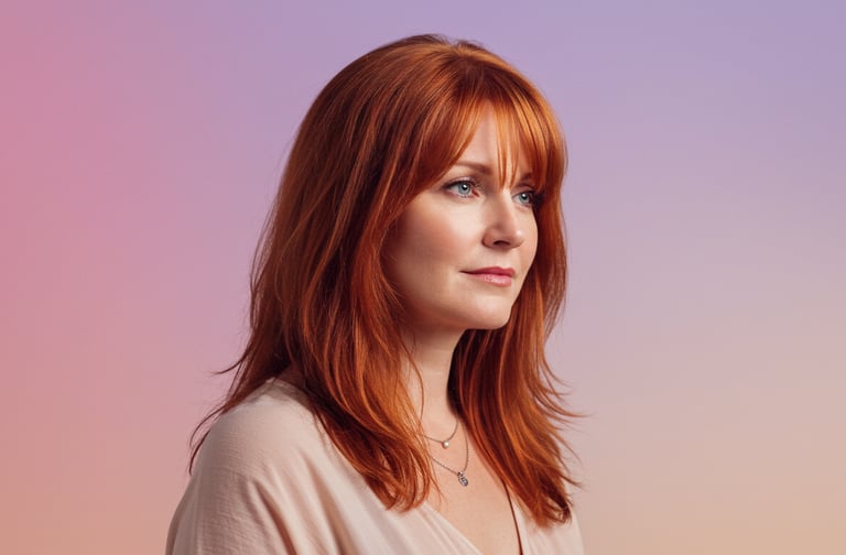 a woman with red hair and a pink shirt