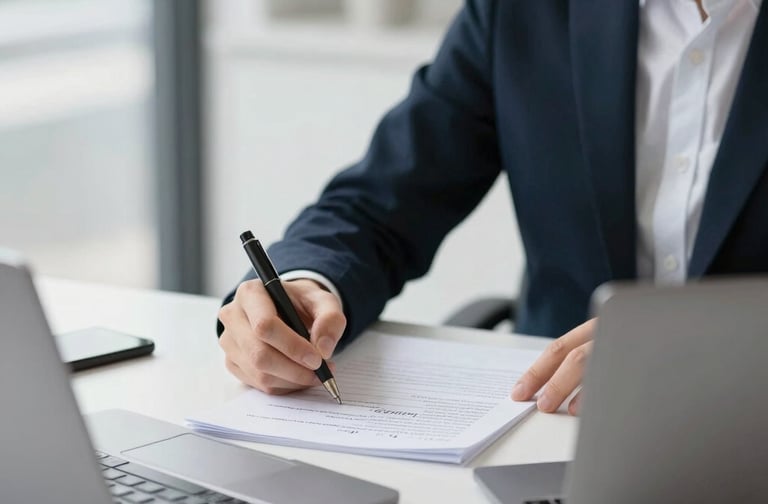 A clean, minimal workspace with a laptop, notebook, and a cup of coffee, bathed in soft natural light.