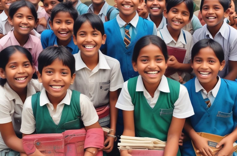 Children eagerly reading books under a bright classroom light.