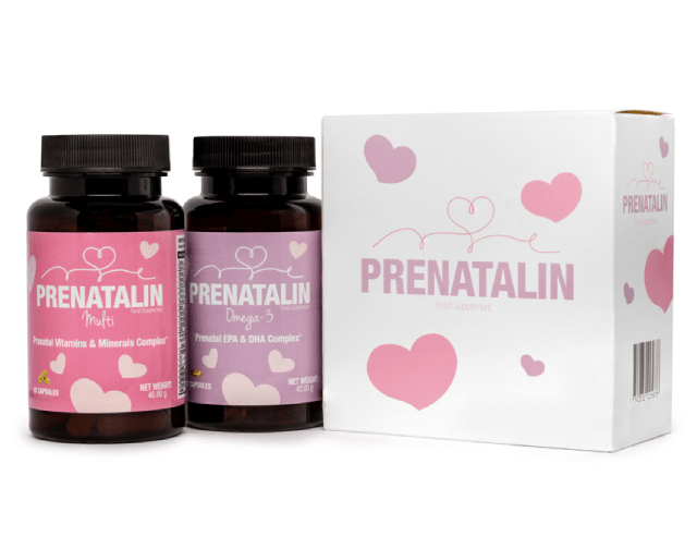 Prenatalin prenatal vitamins and Omega-3 supplement bottles with a heart-patterned gift box.