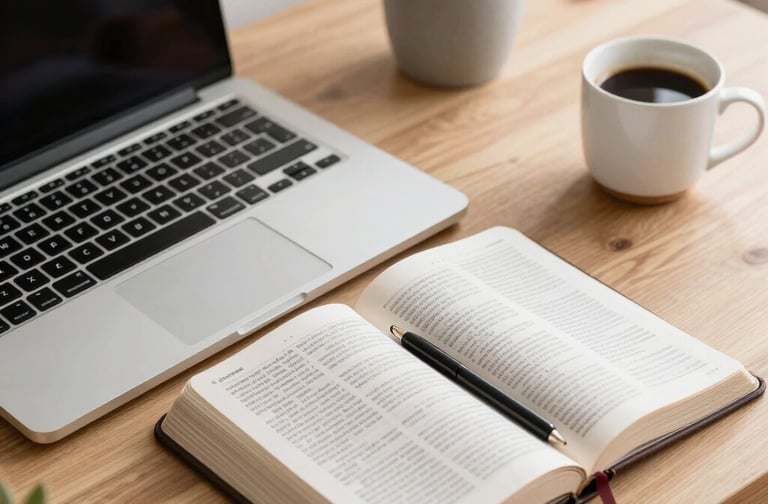 A cozy workspace with a laptop, a cup of coffee, and a notebook with a pen ready for messages.