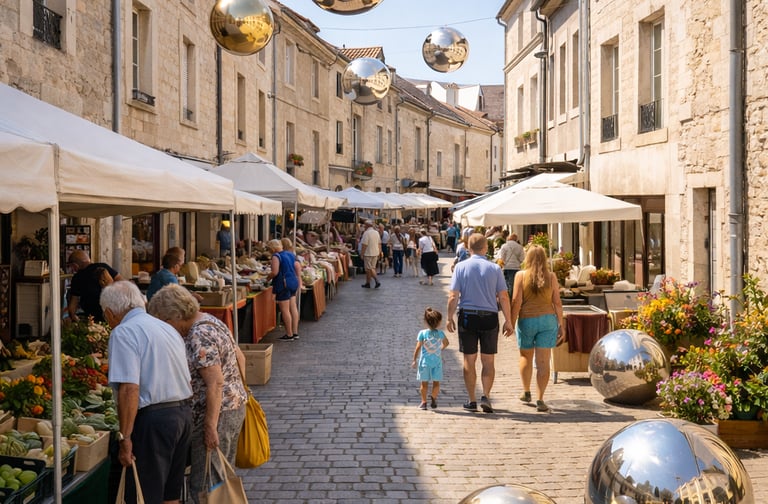 boules suspendues rue commerçante