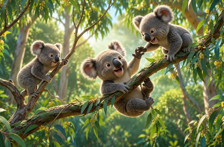 Three adorable animated koalas playing on eucalyptus tree branches in a sunny Australian forest.