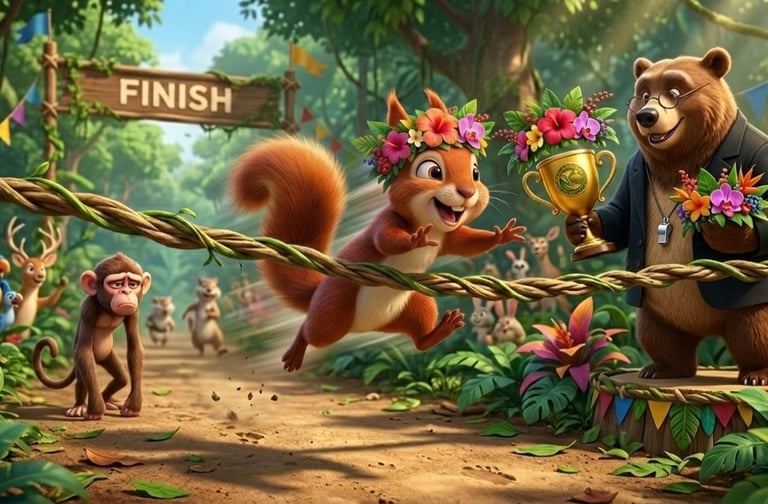 A cheerful squirrel wins a forest race and receives a trophy from a grizzly bear.