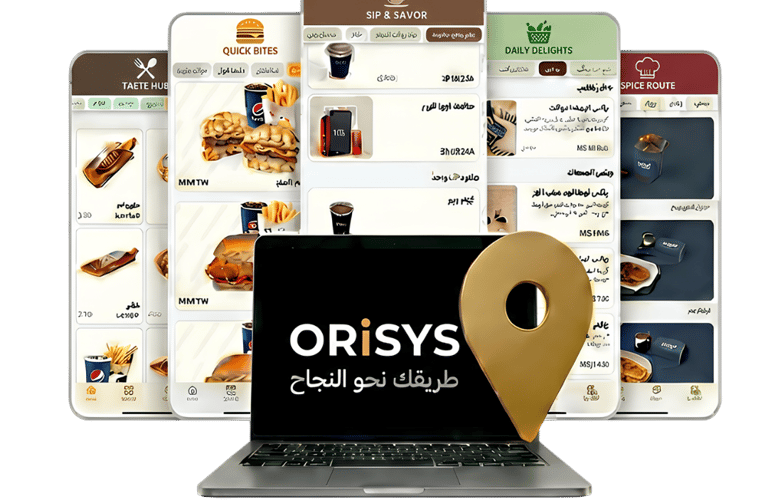 Orisys digital food ordering app displayed on multiple mobile screens and a laptop with a location pin icon.