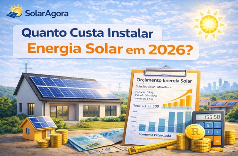 casa moderna com painéis solares no telhado e cálculo de custo mostrando quanto custa instalar energ