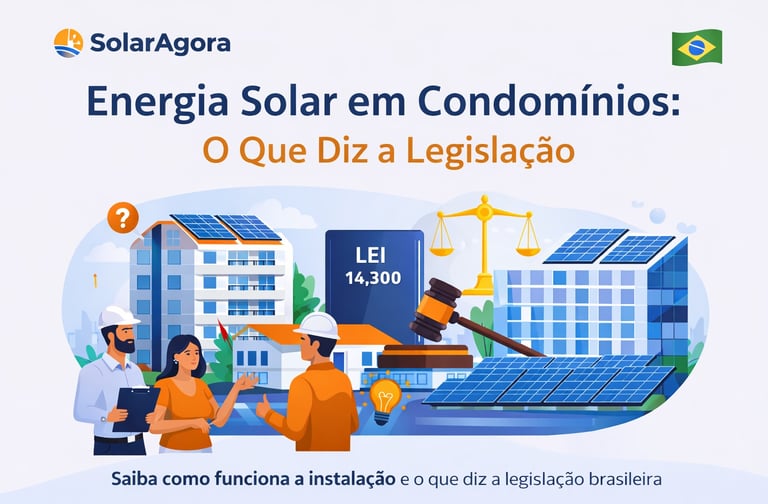 Ilustração de energia solar em condomínios com prédios com painéis solares, livro da Lei 14.300 e el