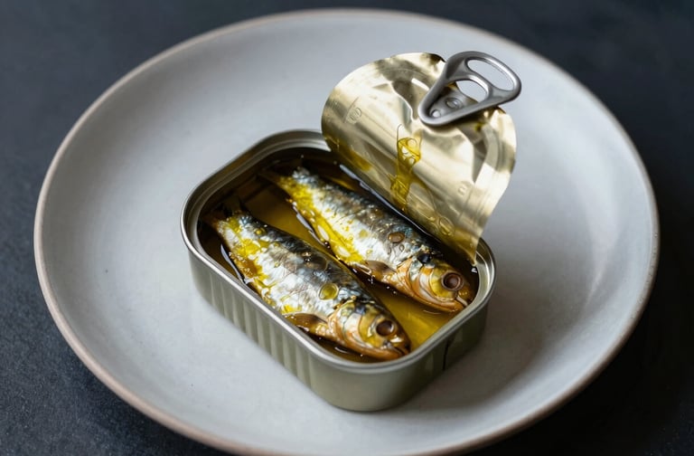 Top-down editorial shot of an open gourmet tin of sardines in golden olive oil, placed on a minimalist ceramic plate in a Scandinavian dining setting.