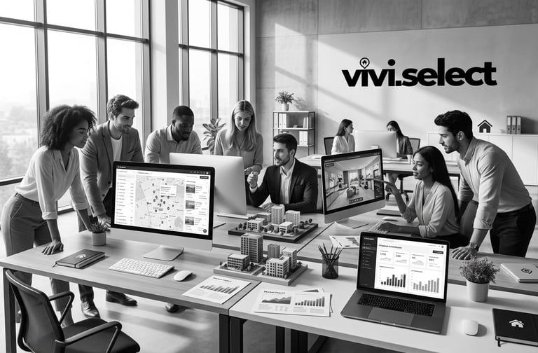 Real estate team collaborating on a digital marketing platform with property data dashboards and 3D architectural models.