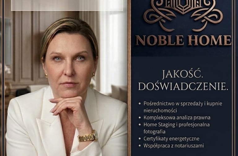 Professional Noble Home real estate agent advertisement featuring luxury property services and legal analysis.