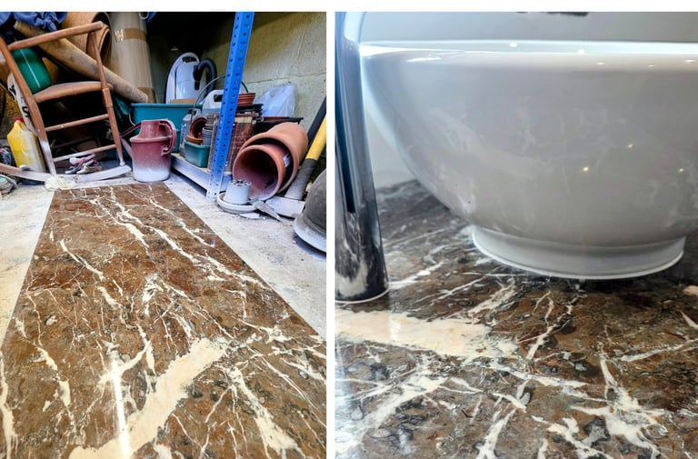 Polished brown marble slab with white veins used for a luxury bathroom vanity countertop.