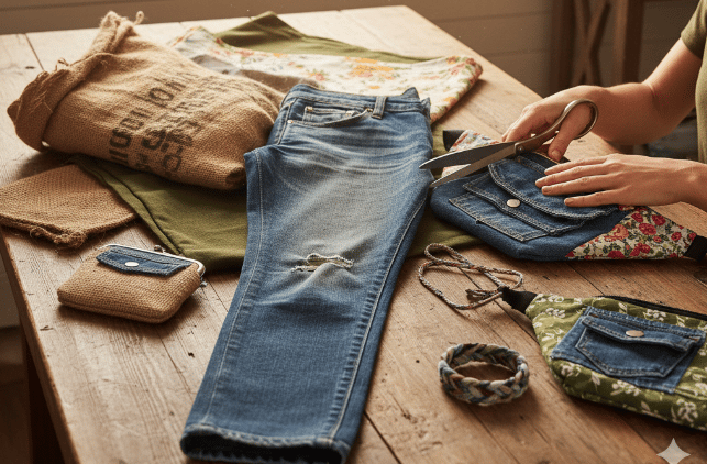 un jean, du tissu, des sacs banane sur une table, la couturiere va découper le tissu