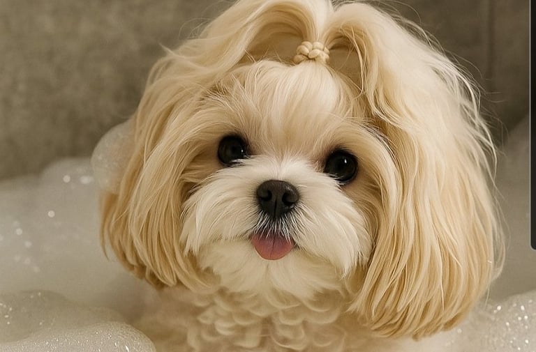 Beautiful female Mal-Shi taking bath in Houston Texas.