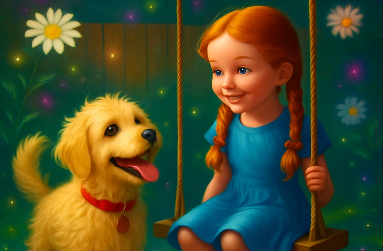 a girl sitting on a swing set with a dog