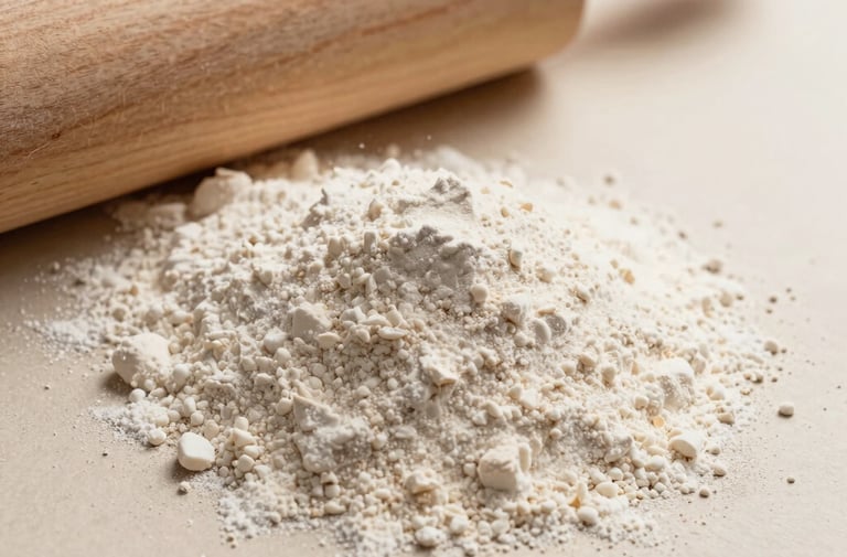 Close-up of high-quality organic wheat flour and a wooden rolling pin on a light cream surface. Warm, soft lighting, focus on texture. Cream and light brown color palette.