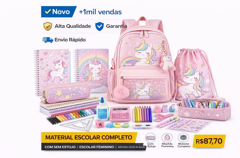 Kit de material escolar completo feminino rosa com mochila de unicórnio, estojo e cadernos.