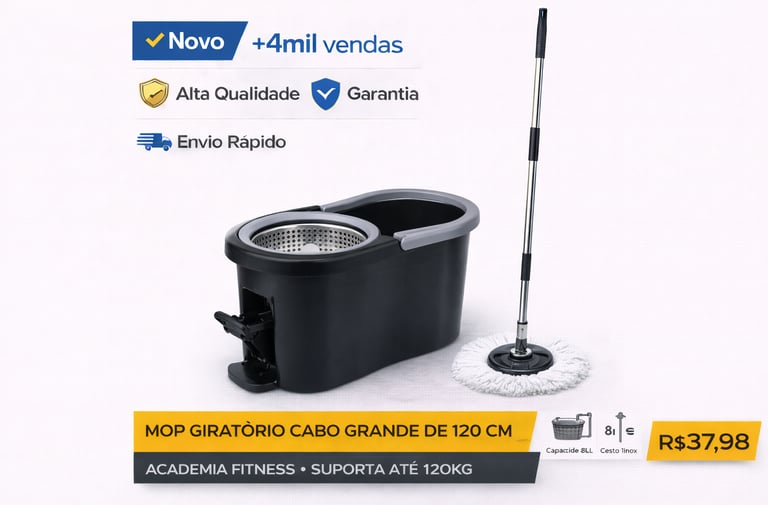 Mop giratório de 120cm com balde preto de 8 litros e cesto de inox para limpeza doméstica.