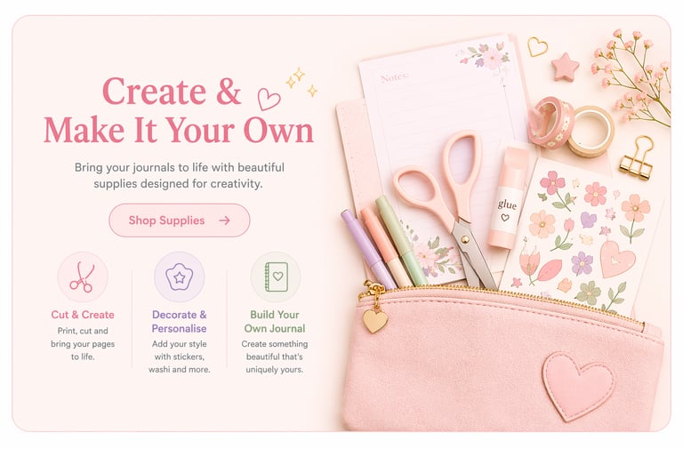 Flat lay of pink journaling supplies, floral stickers, and a pencil case for creative DIY scrapbooking.