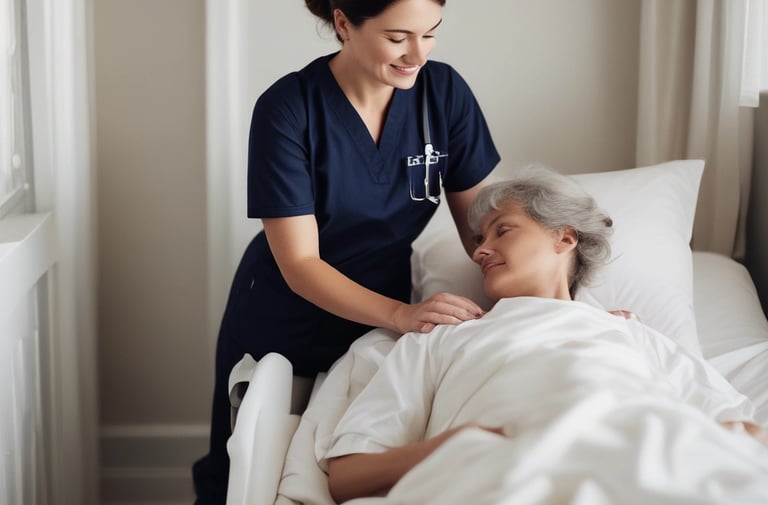 A warm, welcoming caregiver assisting an elderly person at home.