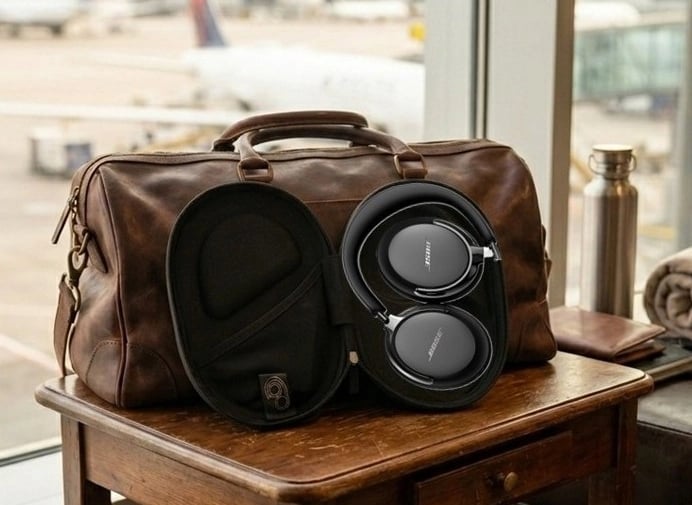 Casque sans fil Bose QuietComfort ultra de 2ème génération noir plié dans sa housse de transport