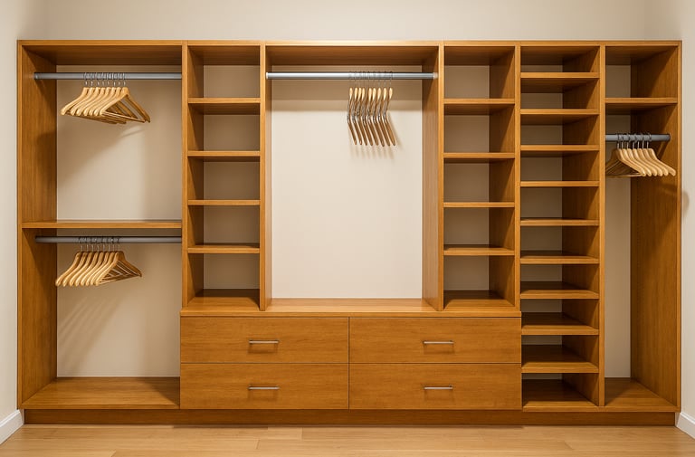 a closet with a closet with clothes hanging on it