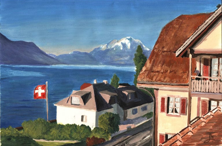 a painting of a view to the lake with a house with a swiss flag