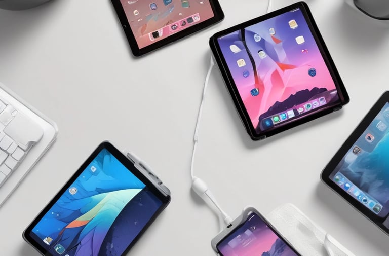 Collection of all Apple iPad models, including stand Mini, iPad Air, and iPad Pro 