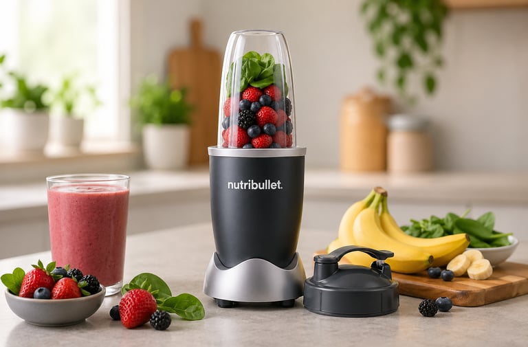 Nutribullet 600W blender with fresh fruits and smoothie ingredients on kitchen counter – best afford