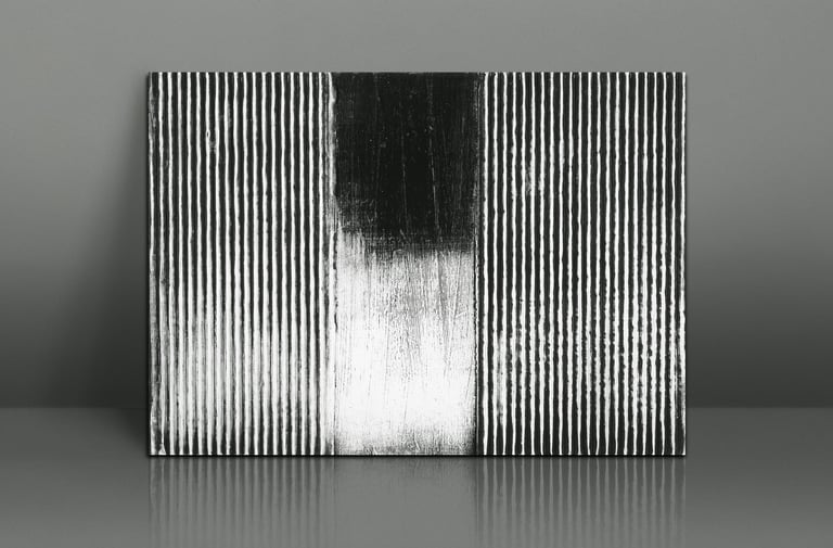 Minimalist black and white abstract painting featuring vertical stripes and textured grain.