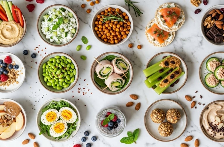 Variety of healthy snack bowls with hummus, boiled eggs, edamame, and protein balls on marble.