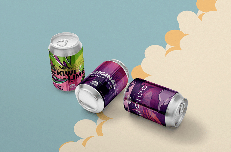 3 Horizon Beverage tea cans on a multicoloured background