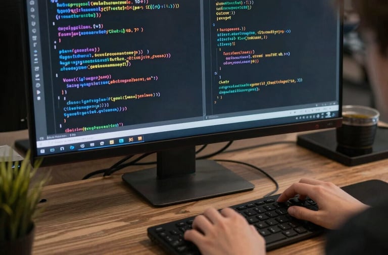 A team brainstorming digital marketing strategies around a laptop in a bright office.