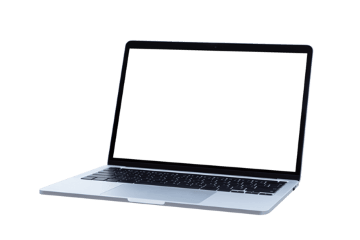 Sleek silver laptop computer with a blank black screen isolated on a solid dark background.